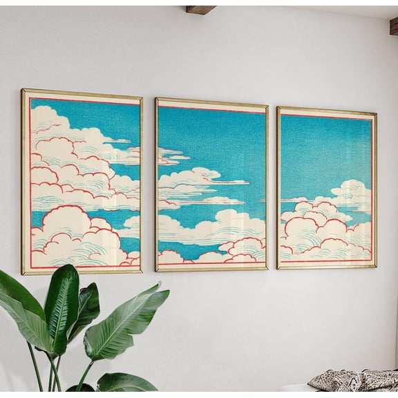 Blue Sky Cloud Japanese Style Sky Modern Triptych Decor Art, Stretched Canvas
