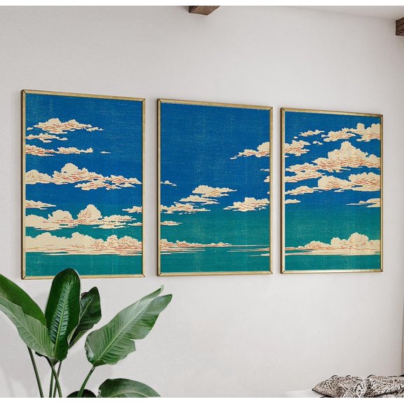 Blue Sky Cloud Triptych Wall Art Print With Japanese Style Decor