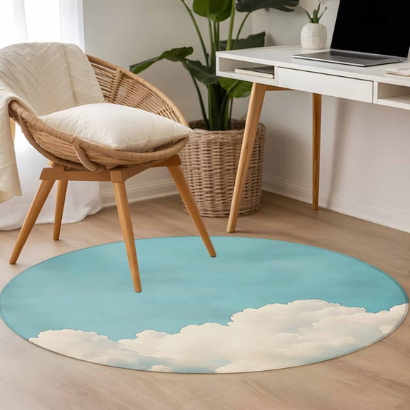 Blue Sky Clouds 3.3ft Round Rug for Bedroom Reading Corner, Retro Vintage Nature Gradient Cloud Sky Scenery Washable Non Slip Circle Area Rug