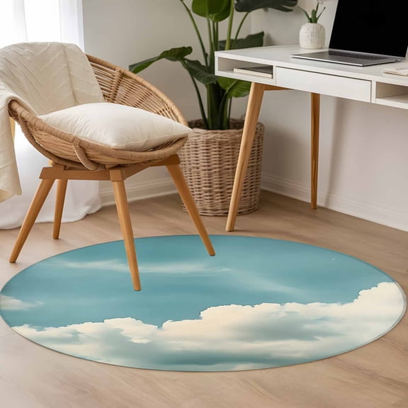 Blue Sky Clouds 3.3ft Round Rug for Bedroom Reading Corner, Vintage Nature Gradient Clouds Sky Scenery Retro Washable Non Slip Circle Area Rug