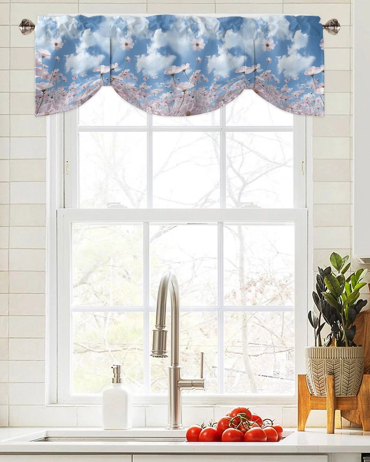 Blue Sky Clouds Flowers Window Curtain Living Room Kitchen Cabinet Tie ...