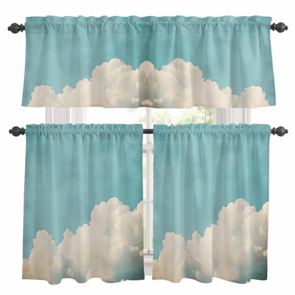 Blue Sky Clouds Kitchen Curtains Valances and Tiers Set of 3 Retro Vintage Nature Gradient Cloud Sky Scenery Tier Curtains and Valance with Rod Pocket for Small Windows, 27.5"x24"