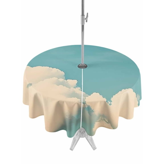 Blue Sky Clouds Outdoor Round Tablecloth with Umbrella Hole 54", Retro Vintage Nature Gradient Clouds Sky Scenery Waterproof Zippered Table Cloth Wrinkle Free Wipeable Desk Covers for Patio Party