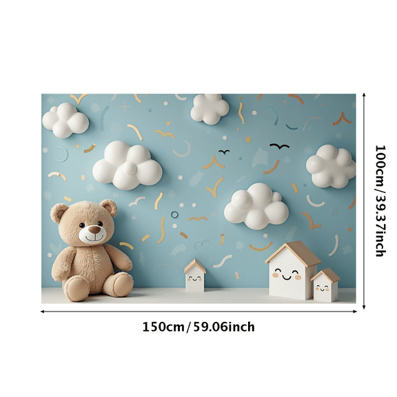 Blue Sky Clouds Stars Themed Backdrop Banner, Adorable Teddy Bear and House Elements, Party Decorations, Photography Props, Baby Shower Decors, Kids Birthday Party Backgrounds