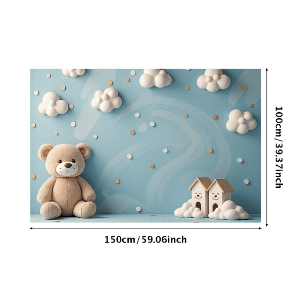 Blue Sky Clouds Stars Themed Backdrop Banner, Adorable Teddy Bear and House Elements, Party Decorations, Photography Props, Baby Shower Decors, Kids Birthday Party Backgrounds