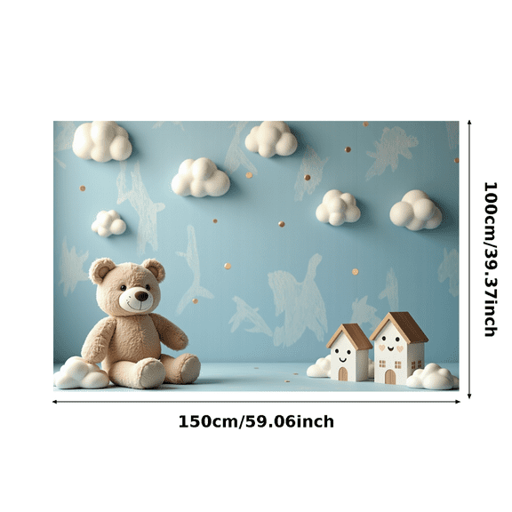 Blue Sky Clouds Stars Themed Backdrop Banner, Adorable Teddy Bear and House Elements, Party Decorations, Photography Props, Baby Shower Decors, Kids Birthday Party Backgrounds