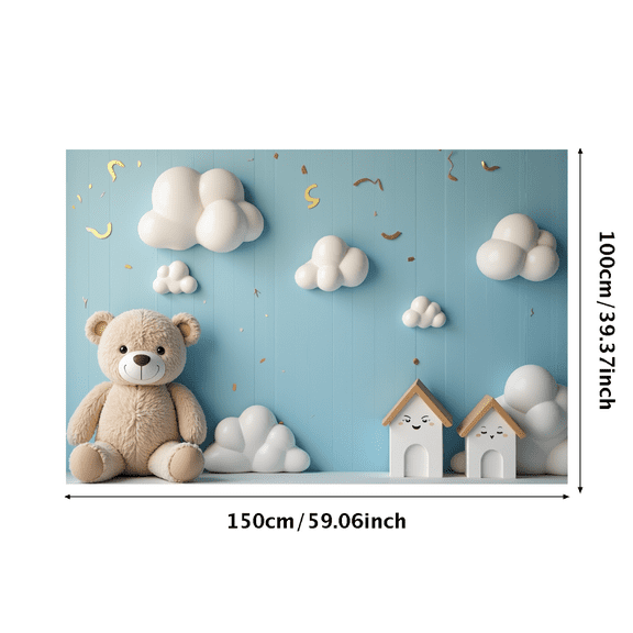 Blue Sky Clouds Stars Themed Backdrop Banner, Adorable Teddy Bear and House Elements, Party Decorations, Photography Props, Baby Shower Decors, Kids Birthday Party Backgrounds