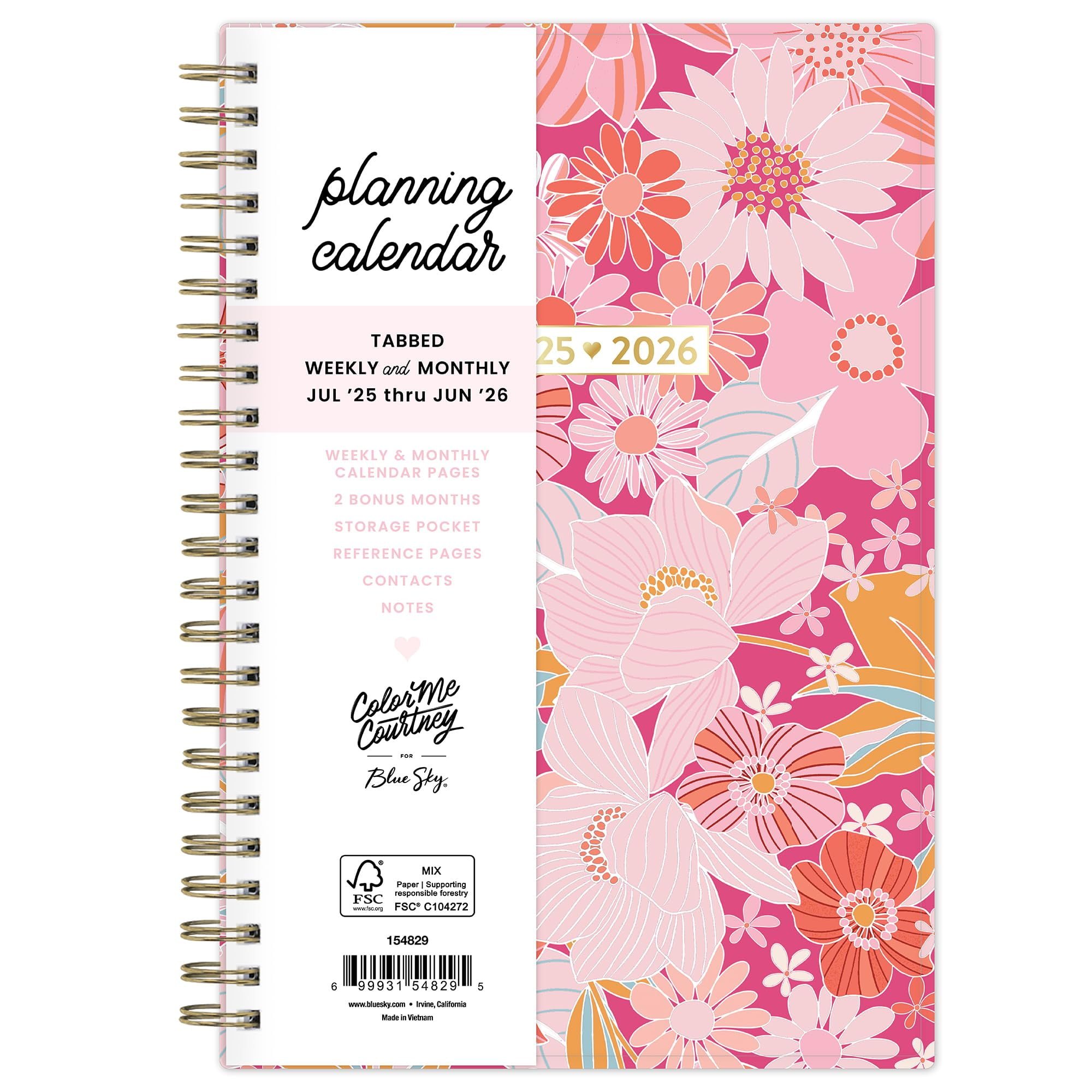 Blue Sky Color Me Courtney 2025-2026 Academic Year Weekly and Monthly Planner Calendar, July 2025 - June 2026, 12-Month, 5" x 8", Flexible Cover, Wirebound, Laminated Tabs, Storage Pocket, Bloom Pink