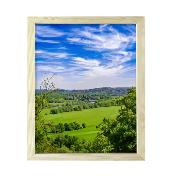Blue Sky Country Scene, 11 x 14 Wooden Framed Print Sign Easy Installation | Countryside Beauty | Stylish Modern Decoration For The Home and Office