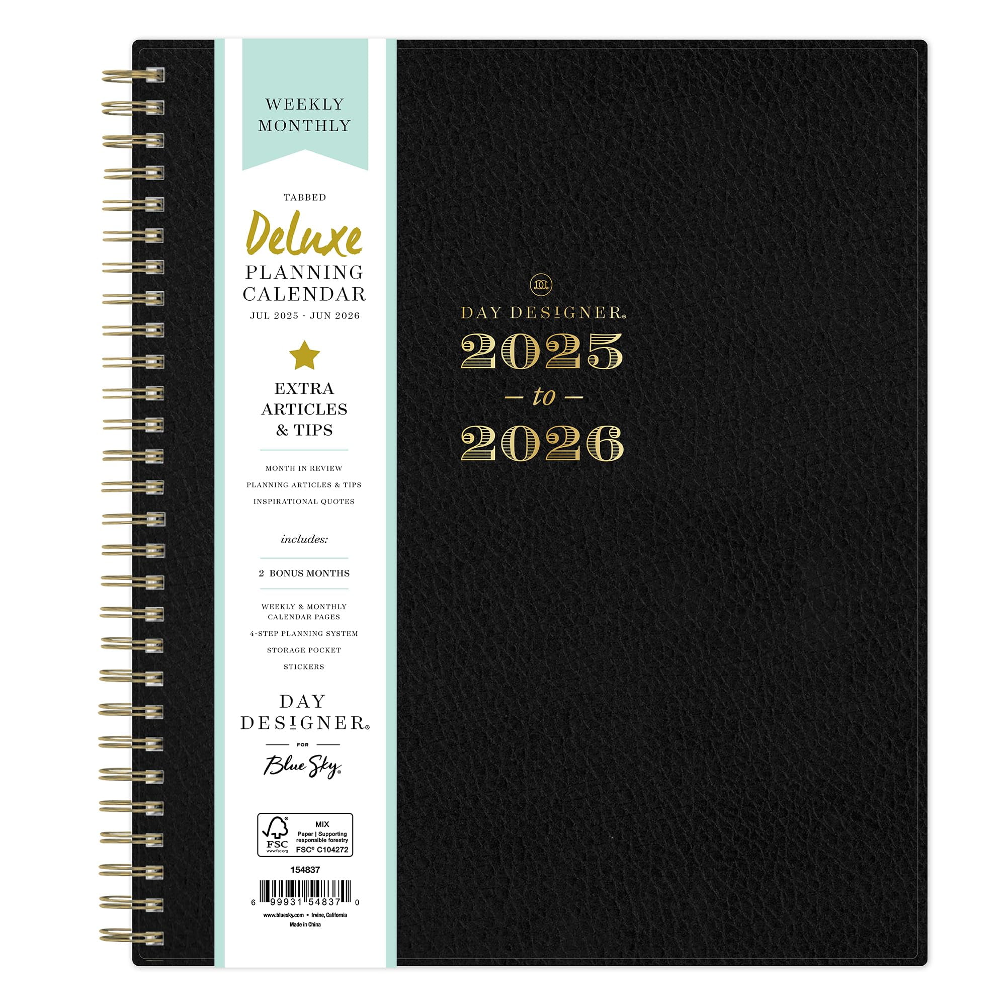 Blue Sky Day Designer 2025-2026 Academic Year Weekly and Monthly Planner Calendar, July 2025 - June 2026, 8" x 10", 12-Month, Faux Leather Cover, Wirebound, Stickers, Deluxe Black