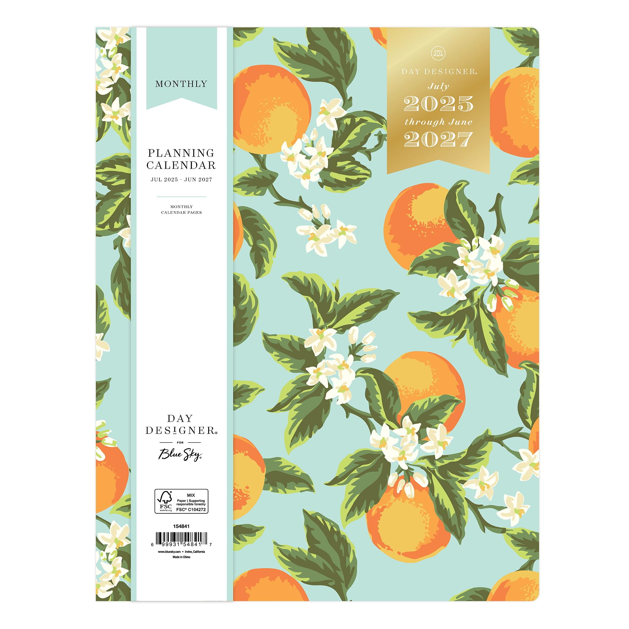 Blue Sky Day Designer 2025-2027 Monthly Academic Year 24 Month Planner Calendar, July 2025 - June 2027, 8.5" x 11", Flexible Cover, Stapled Binding, Orange Blossom Mint