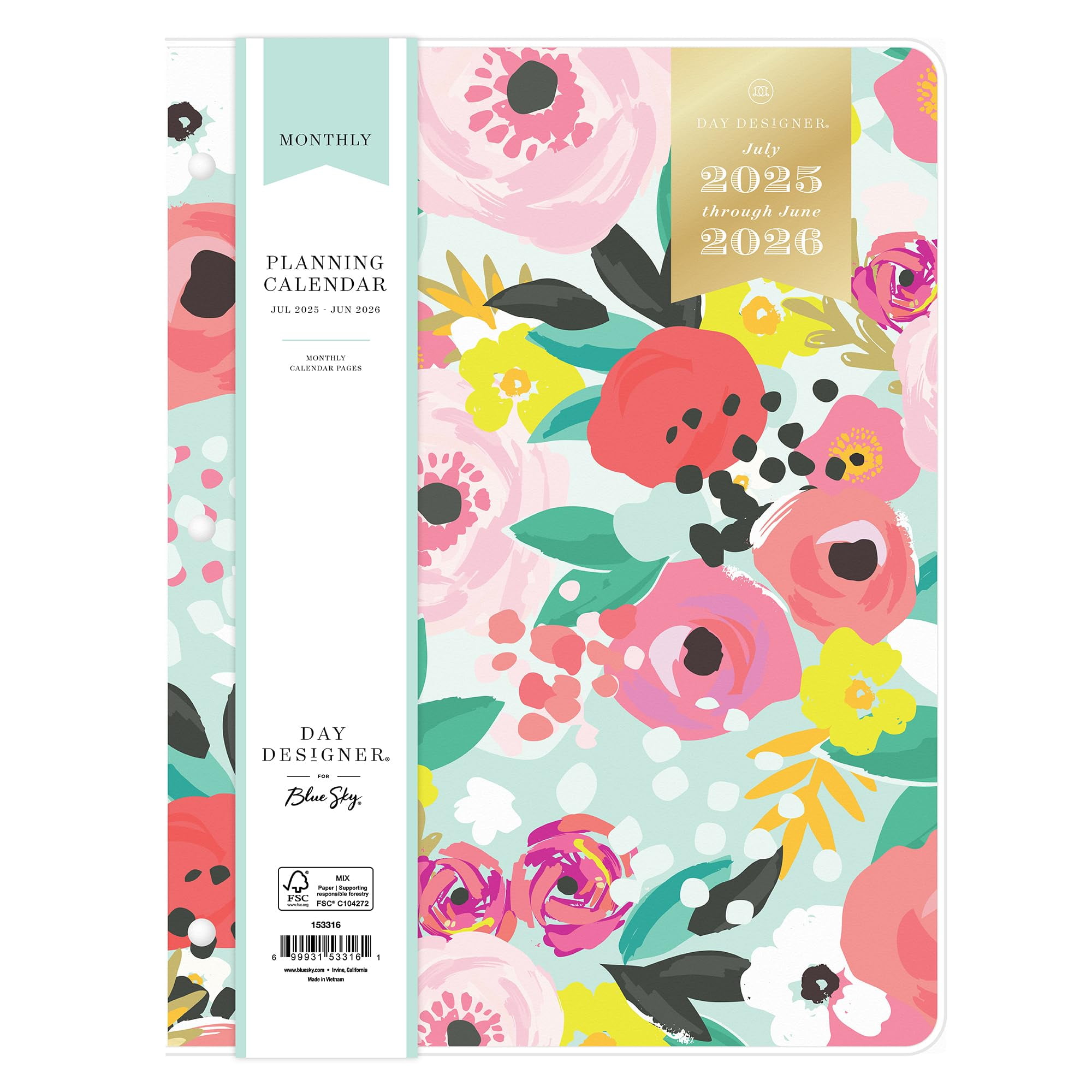 Blue Sky Day Designer 2025-2026 Monthly Academic Year Planner Calendar, July 2025 - June 2026, 8.5" x 11", Flexible Cover, Stapled Binding, Secret Garden Mint