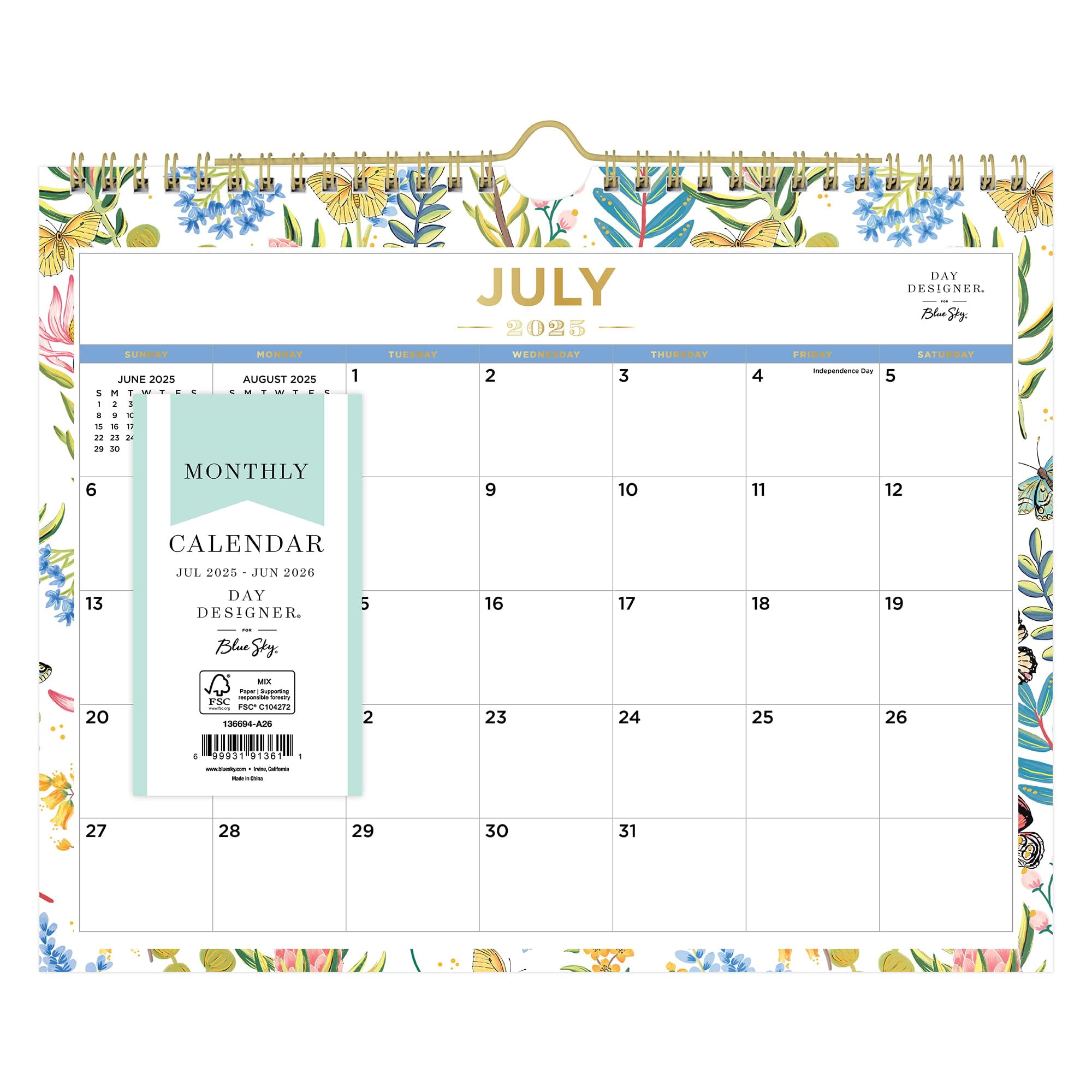 Blue Sky Day Designer 2025-2026 Monthly Academic Year Wall Calendar, July 2025 - June 2026, 11" x 8.75", Durable Twin Wire Binding, Perfect For Home, Office And Classroom, Flutter