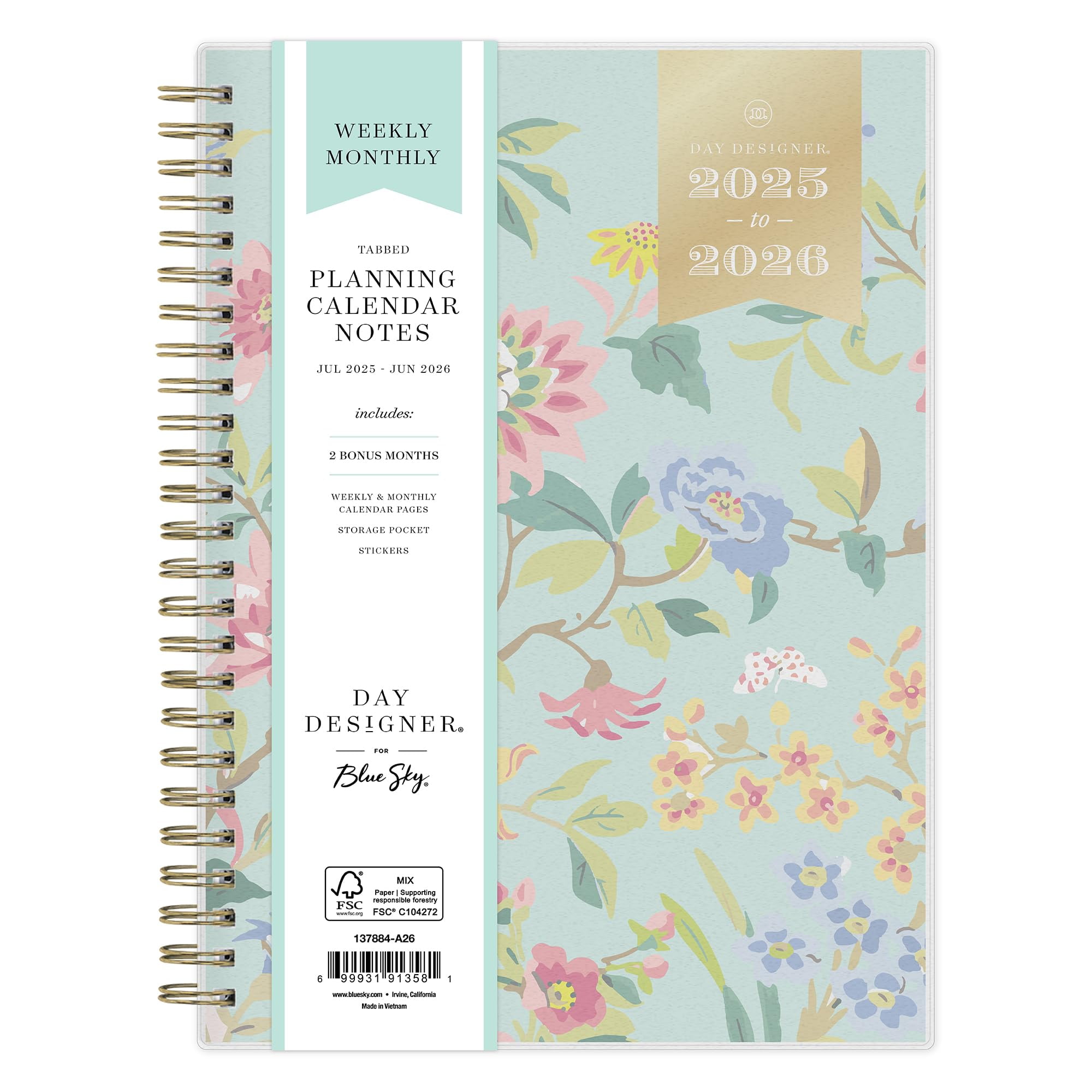 Blue Sky Day Designer 2025-2026 Weekly and Monthly Academic Year Planner Calendar, July 2025 - June 2026, 5.8" x 8.6", Flexible Cover, Storage Pocket, Includes Stickers, Climbing Floral Mint