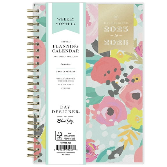 Blue Sky Day Designer 2025-2026 Weekly and Monthly Academic Year Planner Calendar, July 2025 - June 2026, 5" x 8", Flexible Cover, Storage Pocket, Includes Stickers, Secret Garden Mint