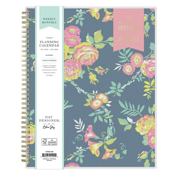 Blue Sky Day Designer 2025-2026 Weekly and Monthly Academic Year Planner Calendar, July 2025 - June 2026, 8.5" x 11", Flexible Cover, Laminated Tabs, Storage Pocket, Includes Stickers, Peyton Navy
