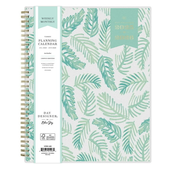 Blue Sky Day Designer 2025-2026 Weekly and Monthly Academic Year Planner Calendar, July 2025 - June 2026, 8.5" x 11", Flexible Cover, Laminated Tabs, Storage Pocket, Includes Stickers, Palms