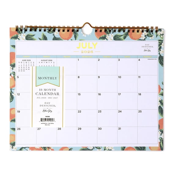 Blue Sky Day Designer 2026-2027 18 Month Monthly Academic Year Wall Calendar, July 2026 - December 2027, 11" x 8.75", Colorful Interior, Perfect For Home, Office And Classroom, Orange Blossom Mint