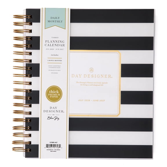 Blue Sky Day Designer 2026-2027 Daily and Monthly Academic Year Planner Calendar, July 2026 - June 2027, 8" x 10", Flexible Cover, Laminated Tabs, Storage Pocket, Includes Stickers, Black Stripe