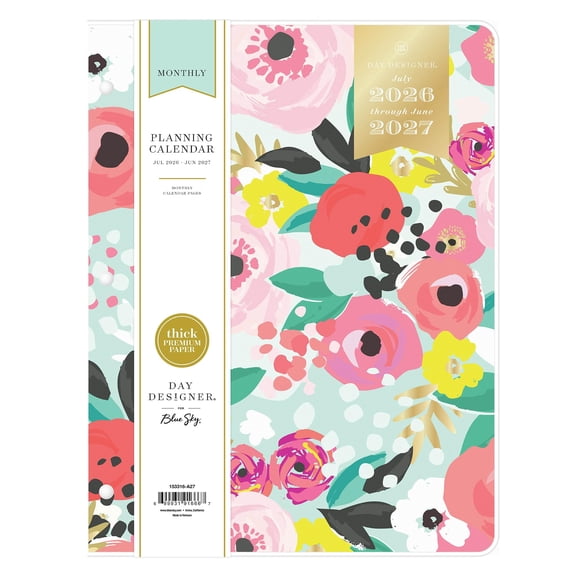 Blue Sky Day Designer 2026-2027 Monthly Academic Year Planner Calendar, July 2026 - June 2027, 8.5" x 11", Flexible Cover, Stapled Binding, Secret Garden Mint