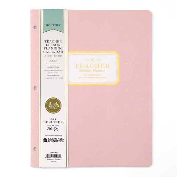 Blue Sky Day Designer 2026-2027 Monthly Academic Year Teacher Lesson Planner Calendar, July 2026 - June 2027, 8.5" x 11", Flexible Cover, Stapled Binding, Swiss Dot Blush