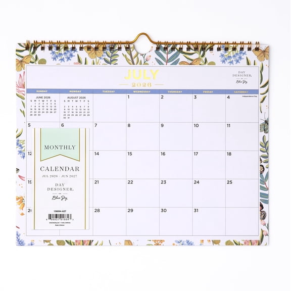 Blue Sky Day Designer 2026-2027 Monthly Academic Year Wall Calendar, July 2026 - June 2027, 11" x 8.75", Durable Twin Wire Binding, Perfect For Home, Office And Classroom, Flutter