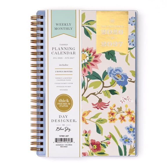 Blue Sky Day Designer 2026-2027 Weekly and Monthly Academic Year Planner Calendar, July 2026 - June 2027, 5" x 8", Clear Pocket Cover, Storage Pocket, Includes Stickers, Climbing Floral Blush