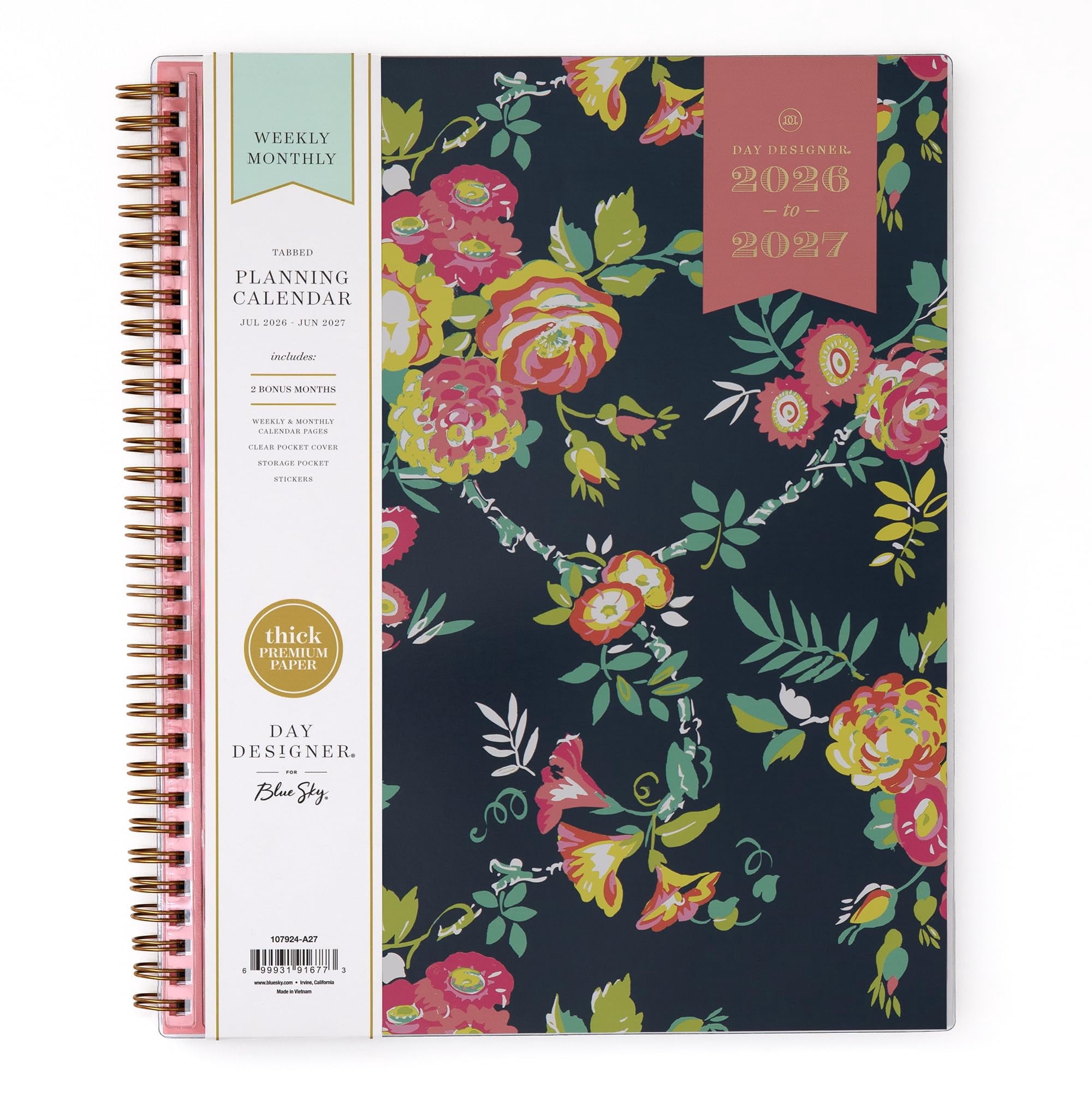 Blue Sky Day Designer 2026-2027 Weekly and Monthly Academic Year Planner Calendar, July 2026 - June 2027, 8.5" x 11", Clear Pocket Cover, Laminated Tabs, Storage Pocket, Stickers, Peyton Navy