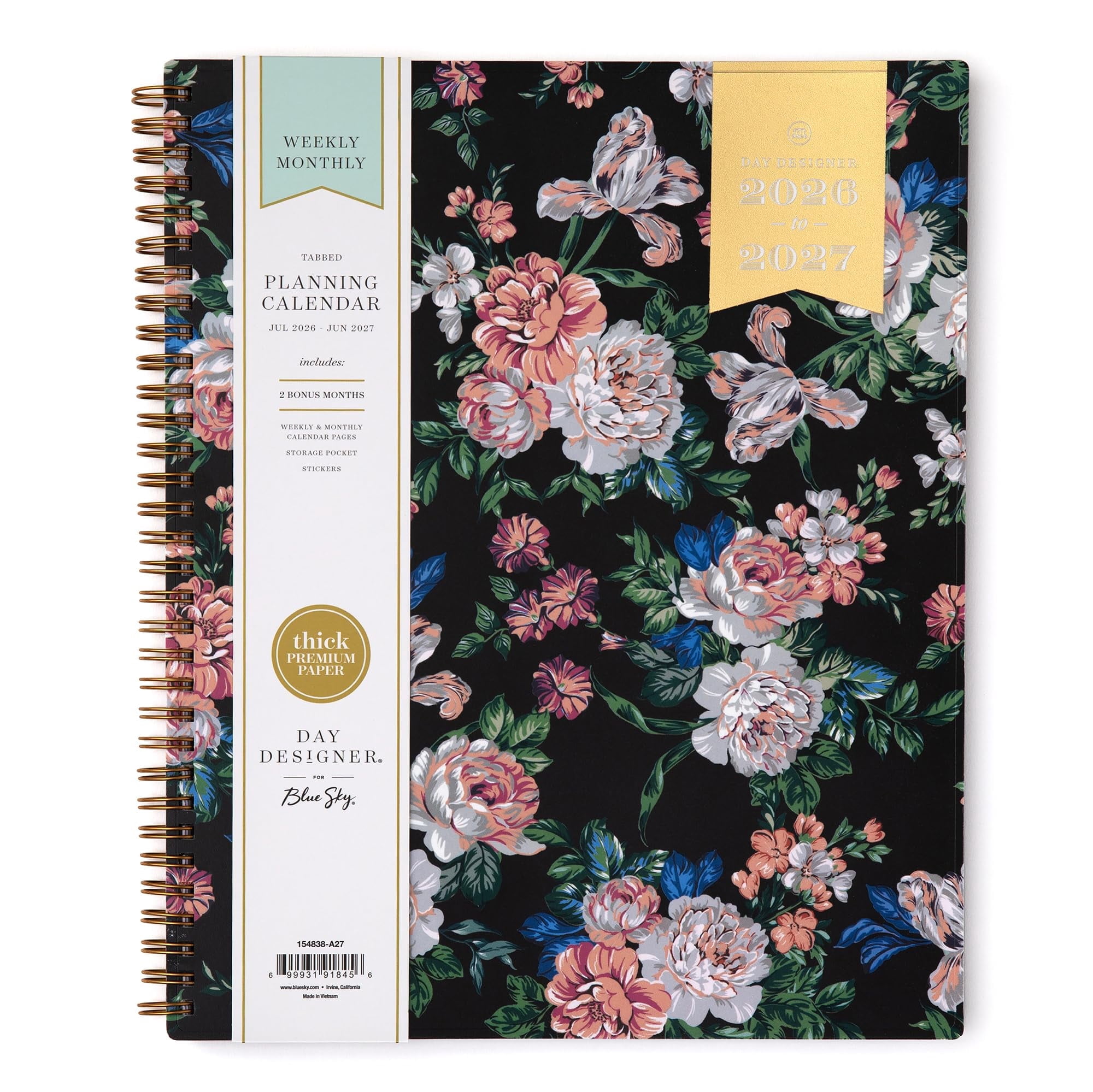 Blue Sky Day Designer 2026-2027 Weekly and Monthly Academic Year Planner Calendar, July 2026 - June 2027, 8.5" x 11", Flexible Cover, Laminated Tabs, Storage Pocket, Includes Stickers, Rose Garden