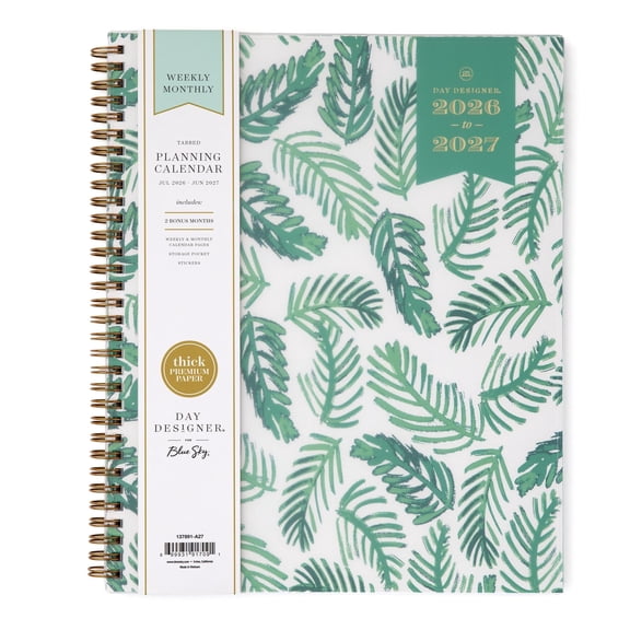 Blue Sky Day Designer 2026-2027 Weekly and Monthly Academic Year Planner Calendar, July 2026 - June 2027, 8.5" x 11", Flexible Cover, Laminated Tabs, Storage Pocket, Includes Stickers, Palms