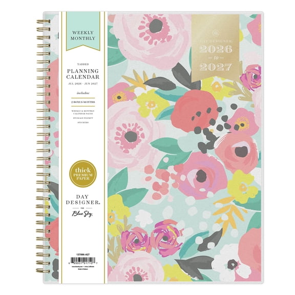 Blue Sky Day Designer 2026-2027 Weekly and Monthly Academic Year Planner Calendar, July 2026 - June 2027, 8.5" x 11", Flexible Cover, Laminated Tabs, Storage Pocket, Stickers, Secret Garden Mint