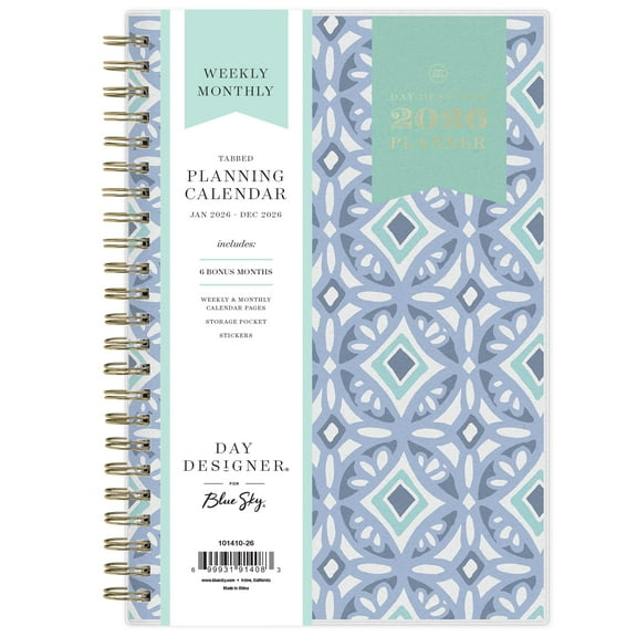 Blue Sky Day Designer 2026 Weekly and Monthly Planner Calendar, January 2026 - December 2026, 5" x 8", Flexible Cover, Durable Twin Wire Binding, Includes Storage Pocket, Stickers, Tile