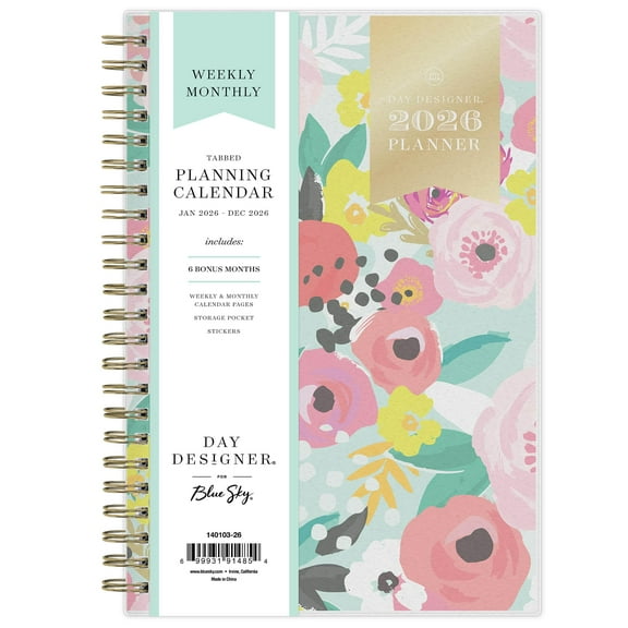 Blue Sky Day Designer 2026 Weekly and Monthly Planner Calendar, January 2026 - December 2026, 5" x 8", Flexible Cover, Durable Twin Wire Binding, Storage Pocket, Includes Stickers, Secret Garden Mint
