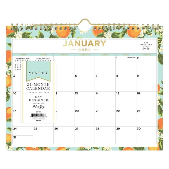 Blue Sky Day Designer 2027 24 Month Monthly Wall Calendar, January 2027 - December 2028, 11" x 8.75", Safety Wirebound, Colorful Interior, Perfect For Home, Office And Classroom, Orange Blossom Mint