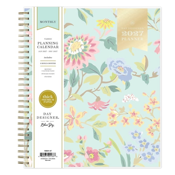 Blue Sky Day Designer 2027 Monthly Planner Calendar, January 2027 - December 2027, 8" x 10", Flexible Cover, Durable Twin Wire Binding, Storage Pocket, Stickers, Climbing Floral Mint