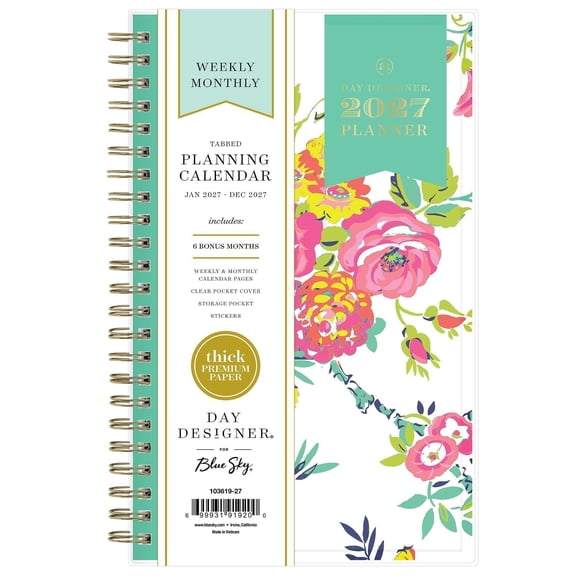 Blue Sky Day Designer 2027 Weekly and Monthly Planner Calendar, January 2027 - December 2027, 5" x 8", Clear Pocket Cover, Durable Twin Wire Binding, Storage Pocket, Includes Stickers, Peyton White