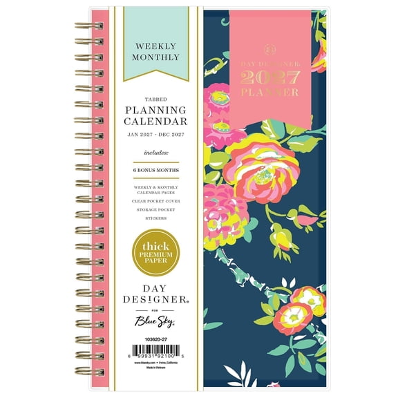 Blue Sky Day Designer 2027 Weekly and Monthly Planner Calendar, January 2027 - December 2027, 5" x 8", Clear Pocket Cover, Durable Twin Wire Binding, Storage Pocket, Includes Stickers, Peyton Navy