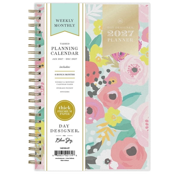 Blue Sky Day Designer 2027 Weekly and Monthly Planner Calendar, January 2027 - December 2027, 5" x 8", Flexible Cover, Durable Twin Wire Binding, Storage Pocket, Includes Stickers, Secret Garden Mint