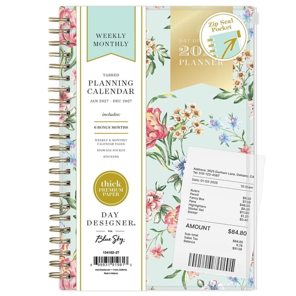 Blue Sky Day Designer 2027 Weekly and Monthly Planner Calendar, January 2027 - December 2027, 5" x 8", Flexible Cover With Zip Pouch, Durable Twin Wire Binding, Includes Stickers, Tulip Garden Mint