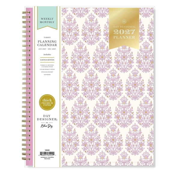 Blue Sky Day Designer 2027 Weekly and Monthly Planner Calendar, January 2027 - December 2027, 8.5" x 11", Clear Pocket Cover, Durable Twin Wire Binding, Storage Pocket, Stickers, Kerridge Lilac