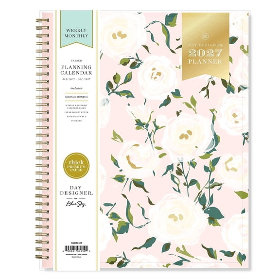 Blue Sky Day Designer 2027 Weekly and Monthly Planner Calendar, January 2027 - December 2027, 8.5" x 11", Clear Pocket Cover, Durable Twin Wire Binding, Storage Pocket, Stickers, Coming Up Roses