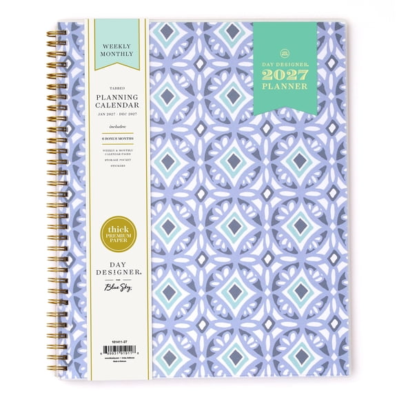 Blue Sky Day Designer 2027 Weekly and Monthly Planner Calendar, January 2027 - December 2027, 8.5" x 11", Flexible Cover, Durable Twin Wire Binding, Storage Pocket, Includes Stickers, Tile