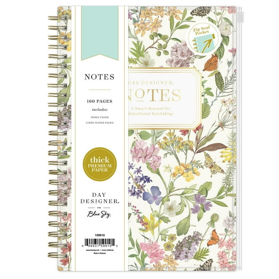 Blue Sky Day Designer Zip Pocket Cover Notebook, 5.75" x 8.5" Undated Journal, 160 Lined & Perforated Pages, Index Pages, Gold Durable Twin Wire Binding, For Office & School, Butterfly Garden Cream