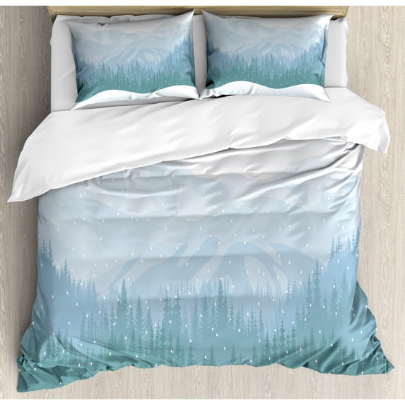 Blue Sky Duvet Cover Set, Continuous Wilderness Pine Trees Mountains Winter Time Snowflakes Theme, Decorative 3 Piece Bedding Set with 2 Pillow Shams, Queen Size, Cadet Blue Pale Blue, by Ambesonne