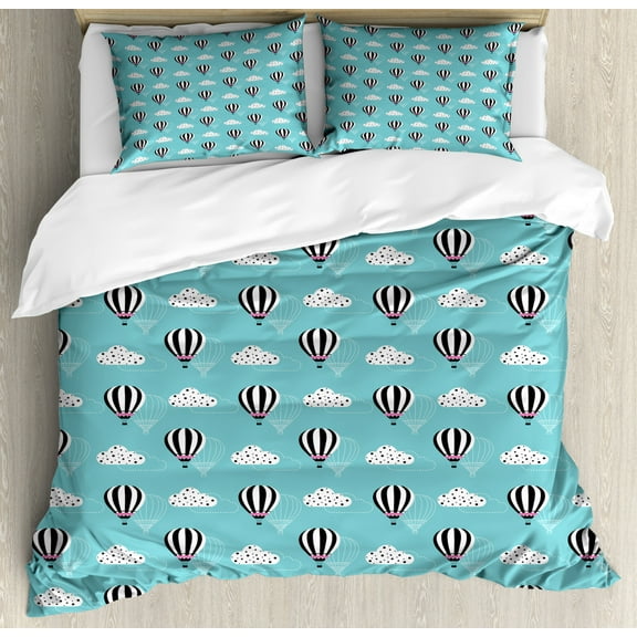 Blue Sky Duvet Cover Set King Size, Doodle Art of Hot Air Balloons Polka Dots Stripes and Clouds Dash Line Style, Decorative 3 Piece Bedding Set with 2 Pillow Shams, Sky Blue Grey, by Ambesonne
