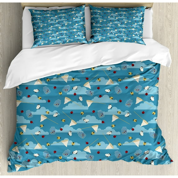Blue Sky Duvet Cover Set, Ladybird Clouds Butterflies Jar Catching Hunting Animal Motifs Pattern, Decorative 3 Piece Bedding Set with 2 Pillow Shams, King Size, Sea Blue and Eggshell, by Ambesonne