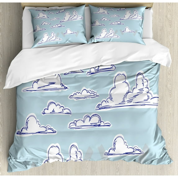 Blue Sky Duvet Cover Set Queen Size, Continuous Sketch Style Clouds Cloudy Sky Fluffy Drawing Illustration, Decorative 3 Piece Bedding Set with 2 Pillow Shams, Pale Cadet Blue White, by Ambesonne