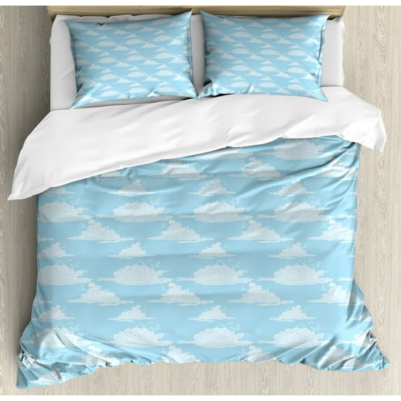 Blue Sky Duvet Cover Set Queen Size, Irregular Unreal Cloud Silhouettes Doodle Style Dreamy Pattern, Decorative 3 Piece Bedding Set with 2 Pillow Shams, Seafoam Cadet Blue, by Ambesonne