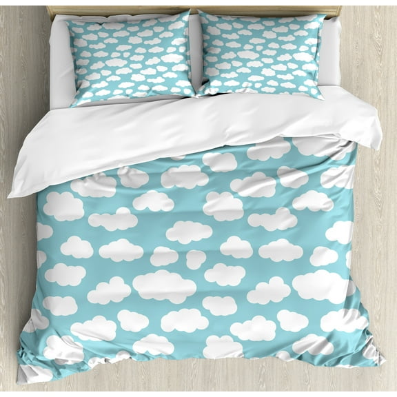 Blue Sky Duvet Cover Set, Repetitive Bicolour Clouds Fluffy Cartoon Style Pattern Monochrome, Decorative 3 Piece Bedding Set with 2 Pillow Shams, Calking Size, Pale Turquoise and White, by Ambesonne