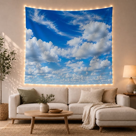 Blue Sky Filled With Soft White Clouds, Peaceful Minimalist Style for Nature Lovers, Sky Wall Art, Housewarming Gift, Tapestry Wall Hanging for Bedroom and Living Room